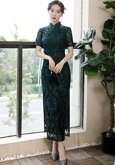 Luxurious Chinese Emerald Green Lace Long Dress Cheongsam Qipao Oshion