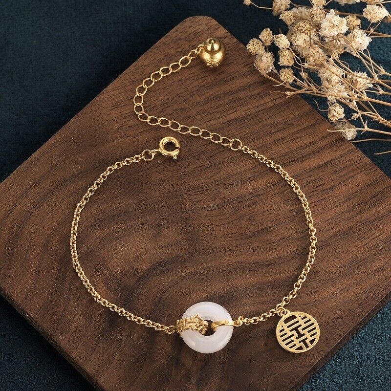 Ladies Chinese White Jade with Symbol of Double Happiness Gold Plated Bracelet