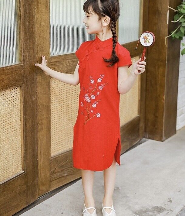 Chinese Childrens Girls China Red Cherry Blossom Qipao Cheongsam Dress gcd25