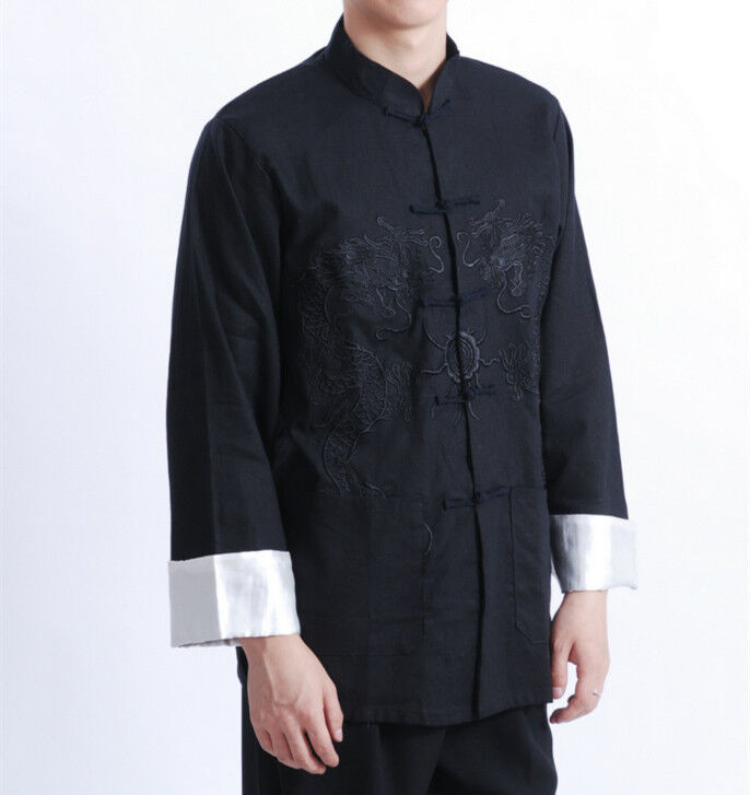 Double Dragons Chinese Oriental Mens Kung Fu Flax Dragon Top Long Shirt cmssh14