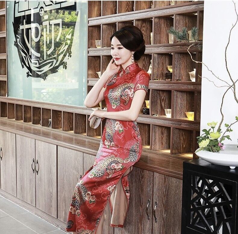 Ladies Red Chinese Gold Floral Prints Prints Long Dress Cheongsam Qipao