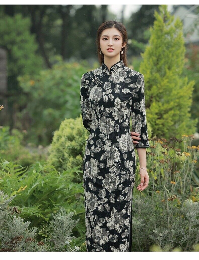 Luxurious Chinese Black Lace Floral Long Dress Cheongsam Qipao lcdress212