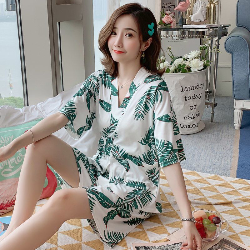 New Chinese Japanese Leaves Cotton White Short Ladies Kimono Pyjamas ladpj364