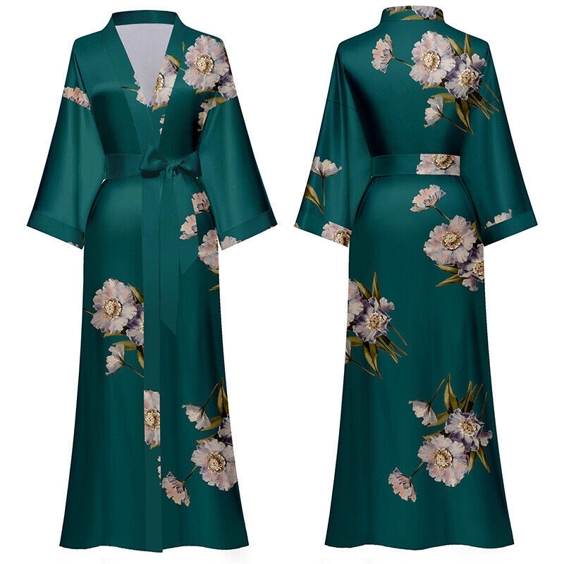 Satin Chinese Japanese Slytherin Green Floral Kimono Dressing Gown ladpj394