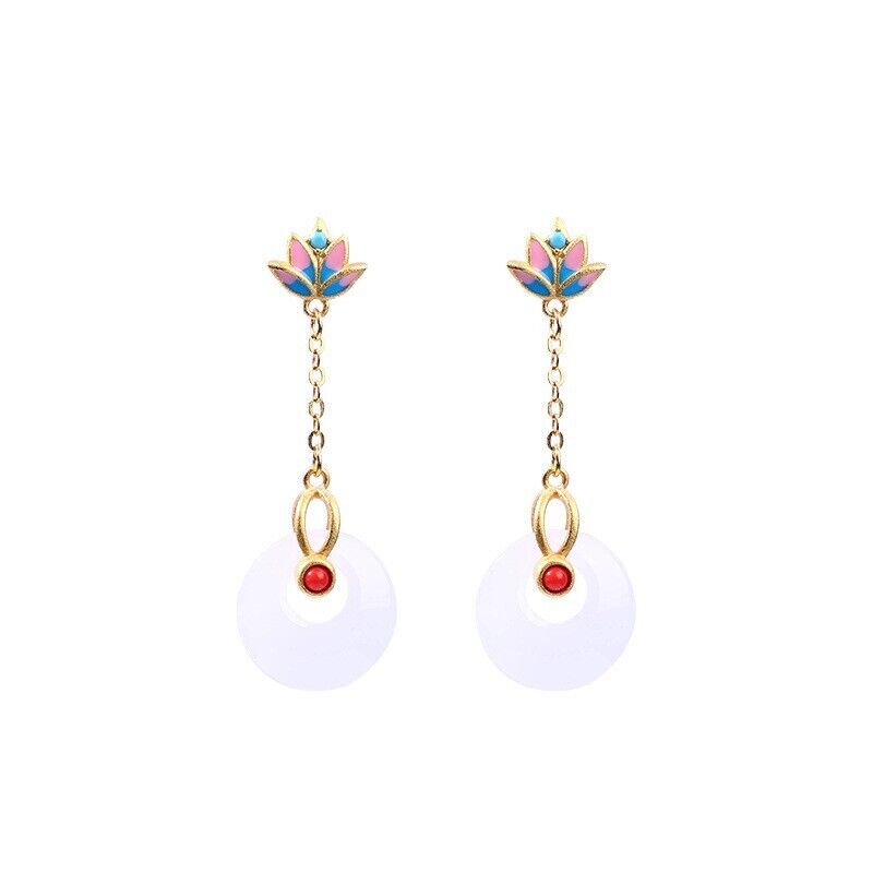 New Chinese Lotus Bloom Enamel Earrings with Jade Discs and Coral Bead Detail