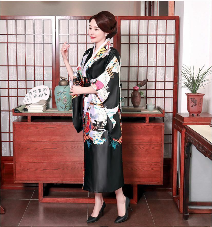 Japanese Oriental Elegant Spring Blossom Black Kimono Costume One Size kimono11