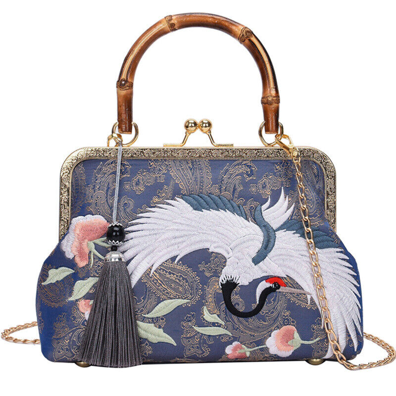 Ladies Chinese Embroidered Heaven Crane Evening Clasp Bamboo Shoulder Handbag