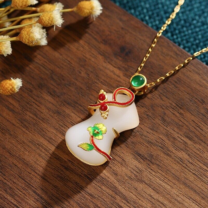 Chinese Ladies Qipao Shaped Gold-Plated Pendant Hetian Jade Enamel Necklace