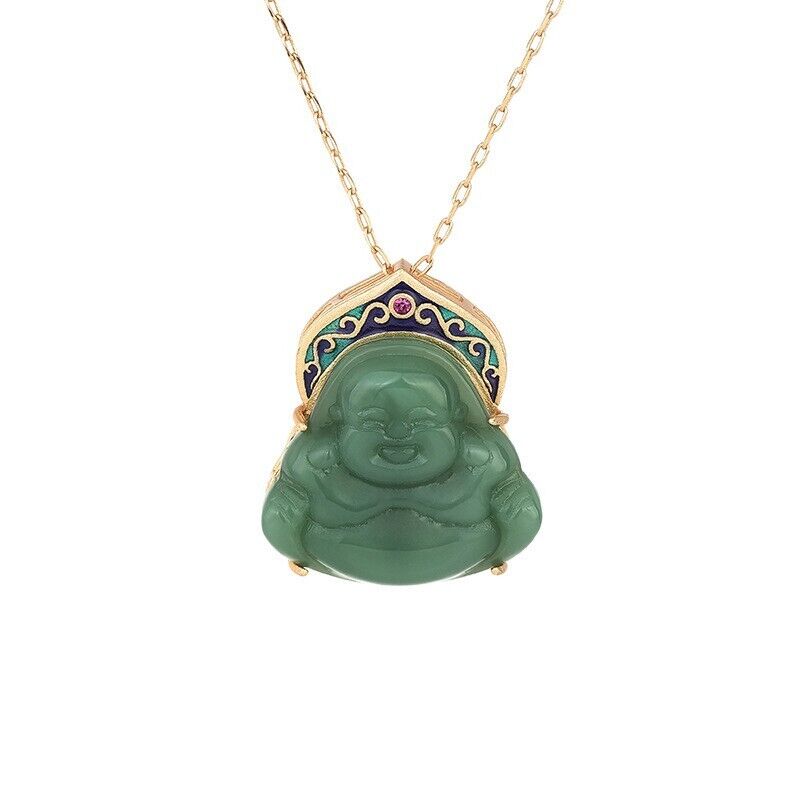 New Chinese Jade Laughing Buddha Enamel Halo Gold Plated Chain Buddhism Necklace