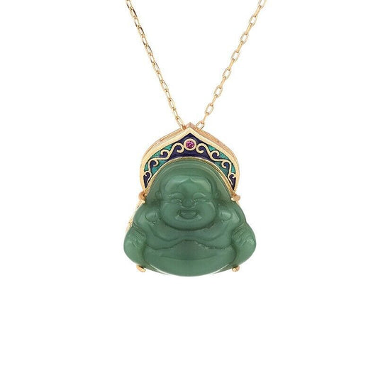 New Chinese Jade Laughing Buddha Enamel Halo Gold Plated Chain Buddhism Necklace