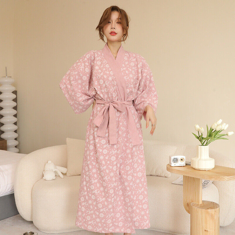 Ladies Pink Chinese Japanese Asian Kimono Style Stars Long Dressing Gown Robe