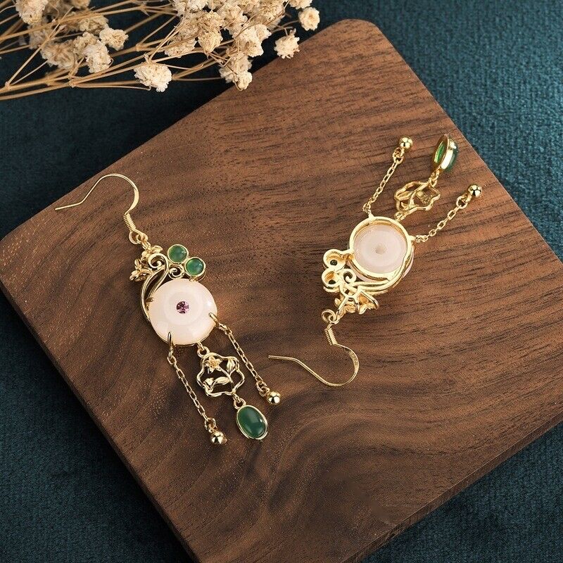 Chinese Gold Plated Phoenix Jade Earrings with Pink Diamond & Green Jade Accents