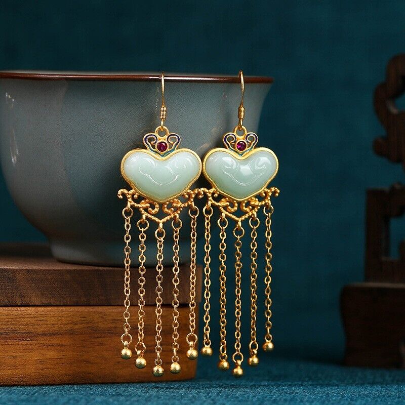 Chinese Romantic Heart-Shaped Mint Jade and Gold Chain Tassel Earrings