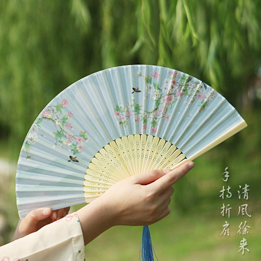 New Chinese Blossom Floral Trees with Singing Bird Blue Wooden Hand Fan ccfan220