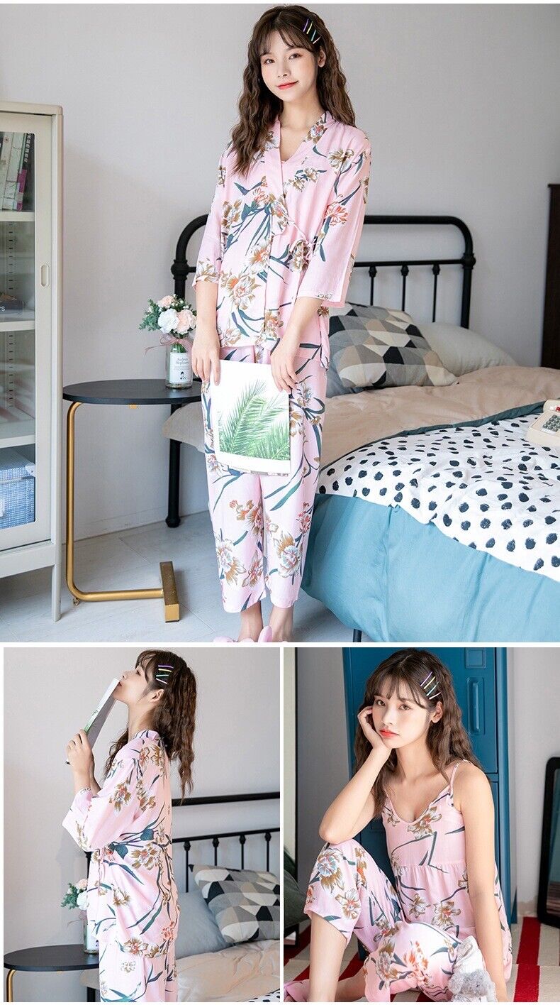 Pink Chinese Japanese White Orchids Cotton Long Ladies Kimono Pyjamas