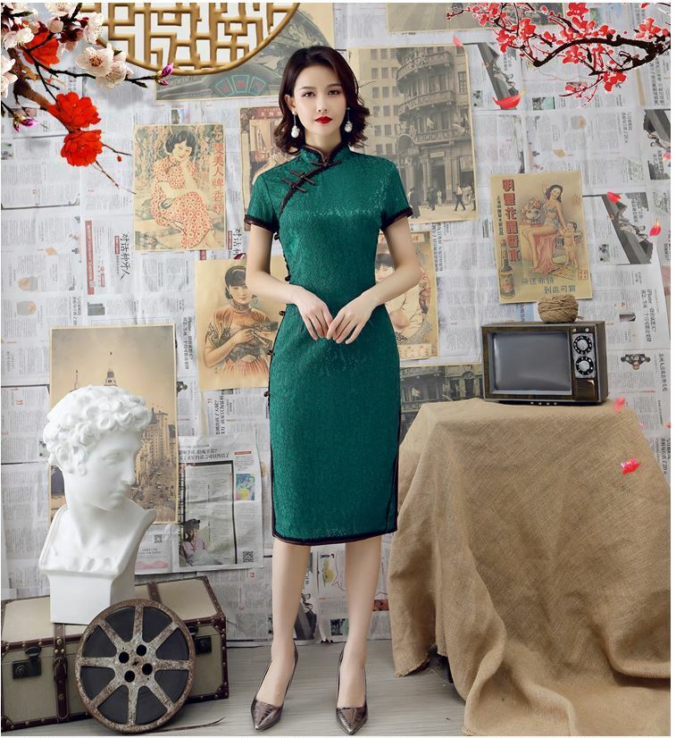 New Luxurious Royal Green Chinese Short Lace Dress Cheongsam Qipao lcdress83