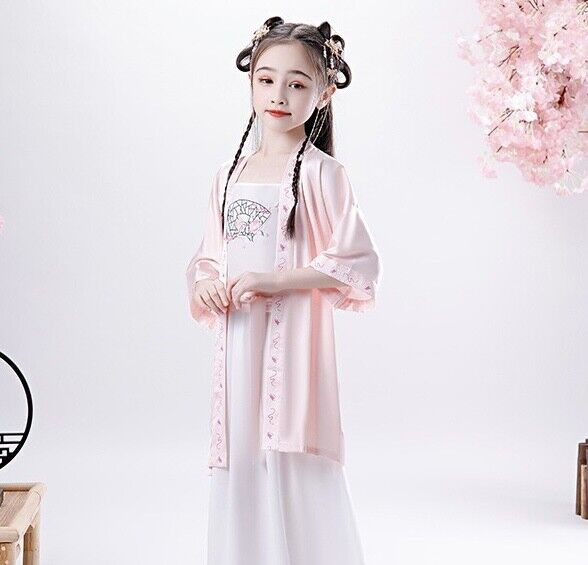 Chinese Childrens Girls Cherry Blossom Floral and Fan Prints Pink Handfu Dress