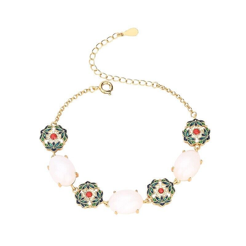 New Ladies Chinese Oval White Jade Floral Enamel Gold Plated Chain Bracelet