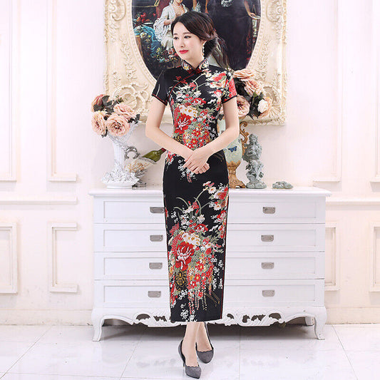 New Luxurious Black Satin Floral Chinese Long Dress Cheongsam Qipao lcdress195