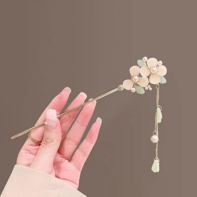 Golden Hair Chopstick with Light Pink Peach Flower Green Leaves Dangling Pearls