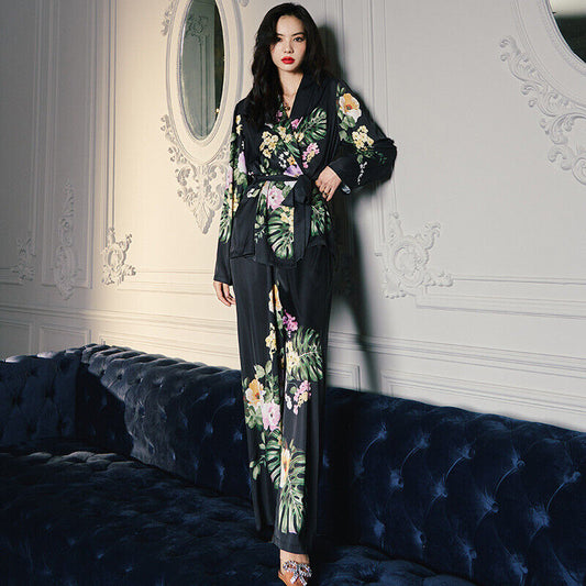 Luxurious Chinese Japanese Black with Tropical Floral Prints Kimono Pyjamas Set