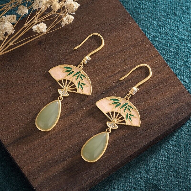 Chinese Style Gold-plated Cloisonne Palace Fan Earrings with Vintage Hetian Jade