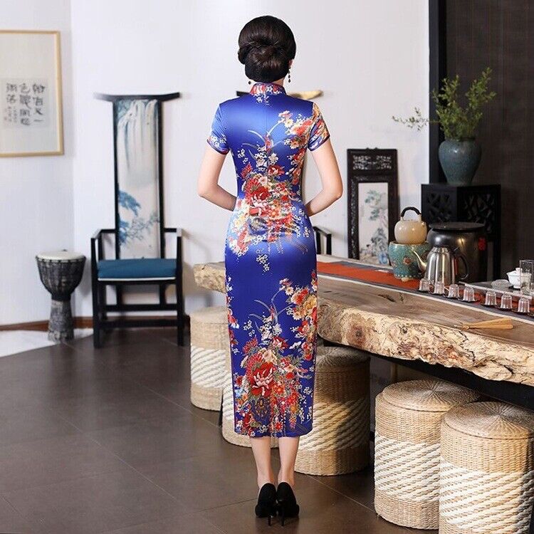 New Luxurious Blue Satin Floral Chinese Long Dress Cheongsam Qipao lcdress196.