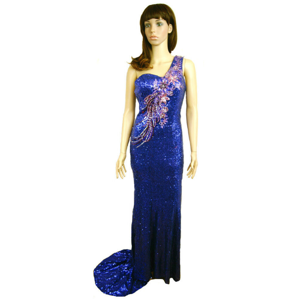 New Gorgeous Ladies Blue Diamond Studs Metallic Floral Long Evening Tail Dress