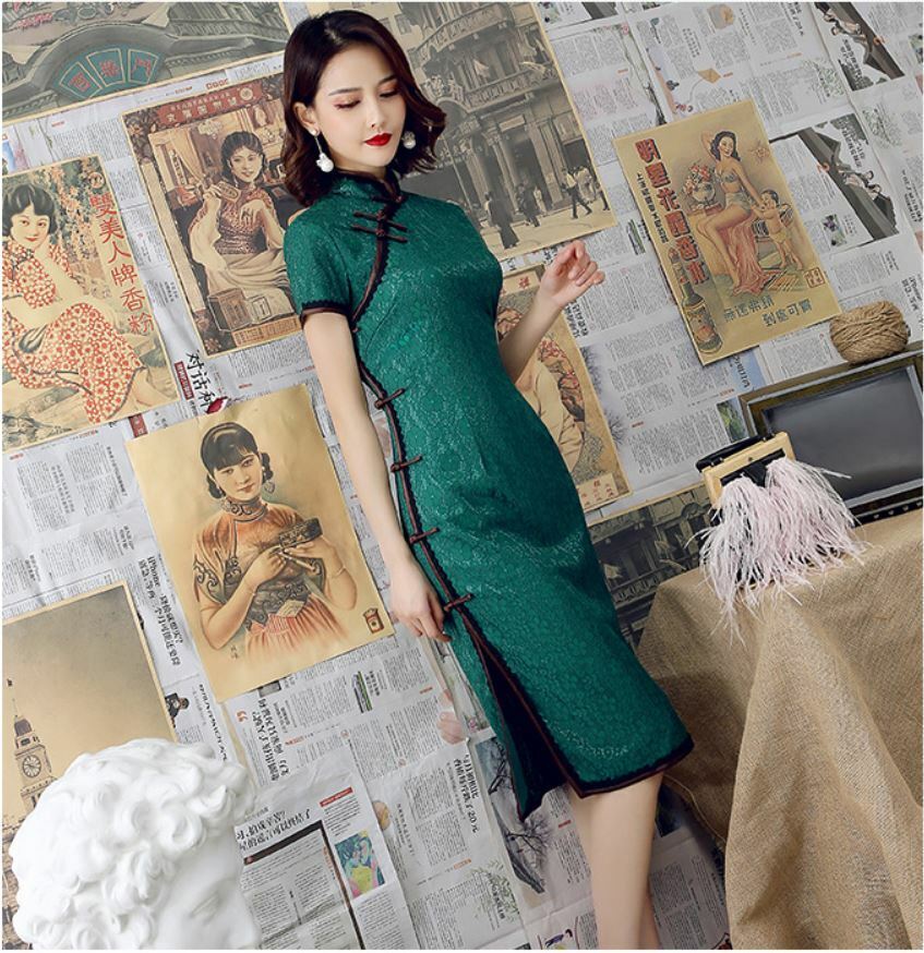 New Luxurious Royal Green Chinese Short Lace Dress Cheongsam Qipao lcdress83