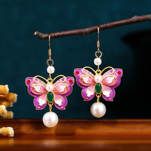 New Chinese Enchanted Garden Cloisonné Butterfly Earrings with Pearls and Jade