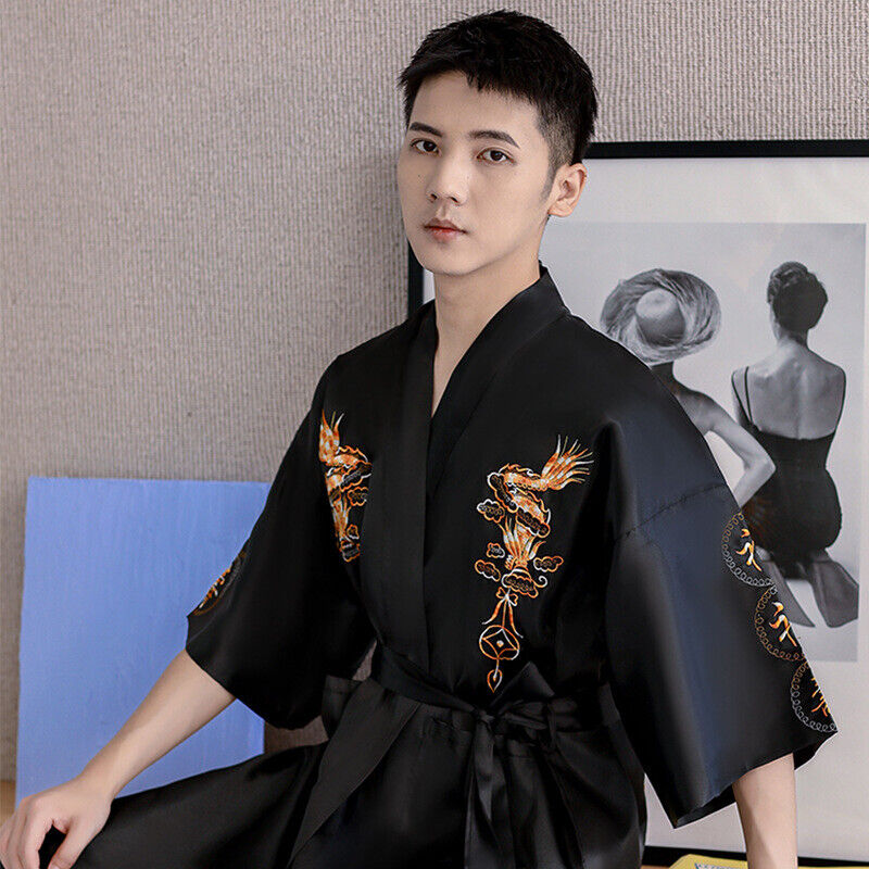 New Mens Royal Black Satin Chinese Dragons Bathrobe Gown mrobe22