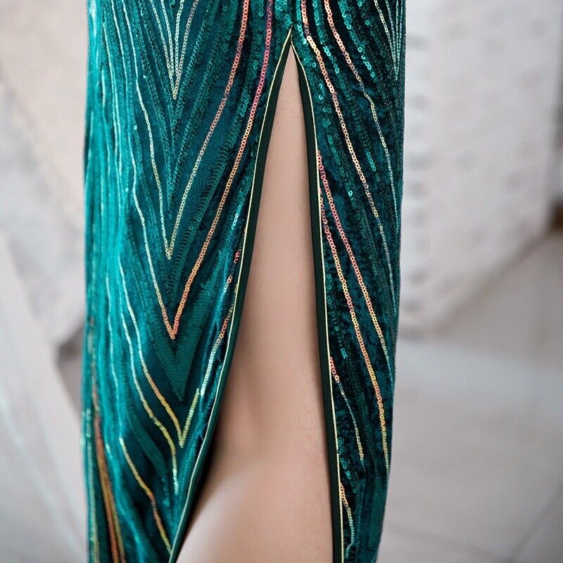 Luxurious Chinese Emerald Green and Gold Sequin Long Dress Cheongsam Qipao