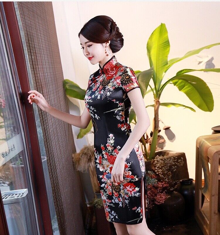 New Black Satin Floral Prints Chinese Asian Short Cheongsam Qipao Dress