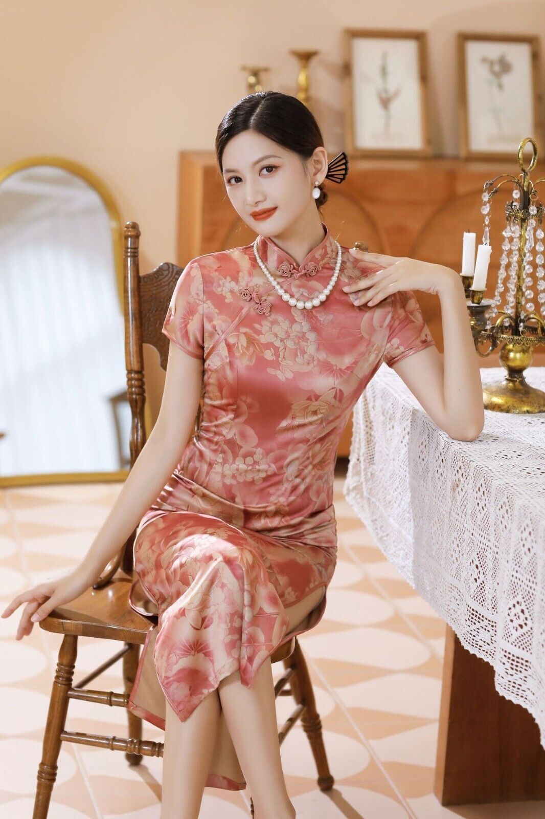 New Chinese Peach Pink Golden Floral Prints Satin Long Cheongsam Qipao Dress