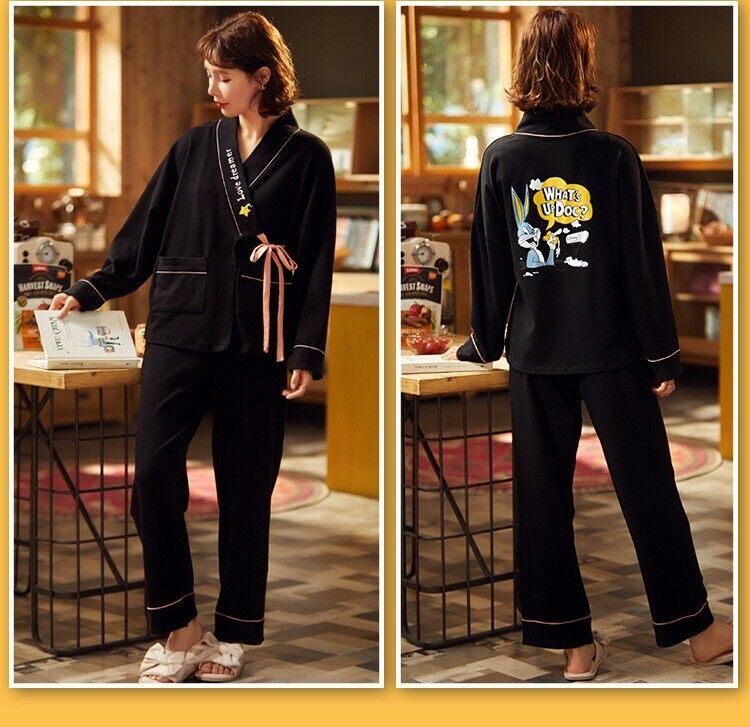 New Chinese Japanese Ladies Black Kimono Top and Trousers Pyjamas ladpj323