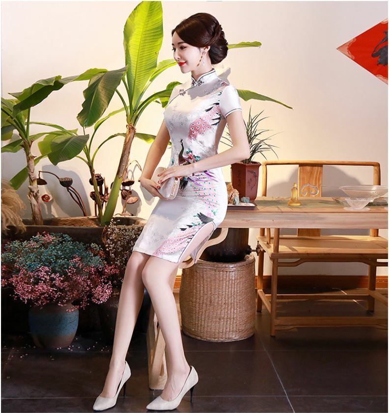 New Luxurious White Satin Phoenix Chinese Short Dress Cheongsam Qipao lcdress81