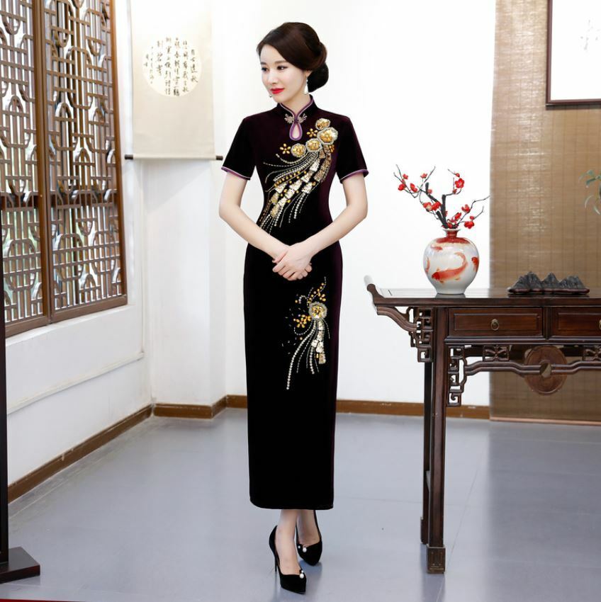 New Velvet Purple Phoenix Flowers Chinese Long Dress Cheongsam Qipao lcdress89