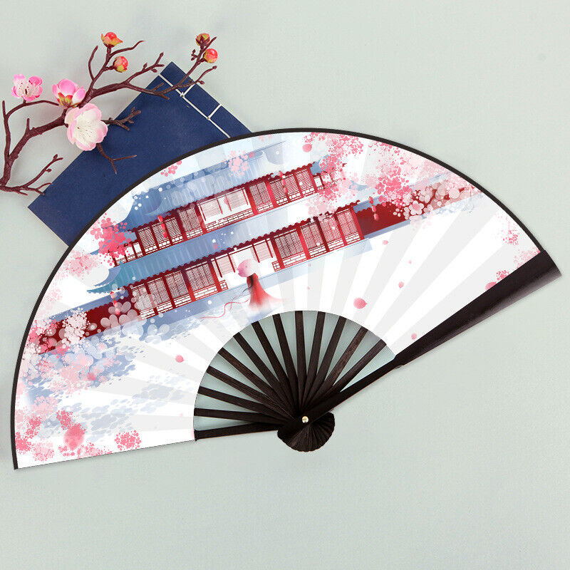 Chinese Snow Beauty Flower Tower with Cherry Blossoms Wooden Hand Fan ccfan213