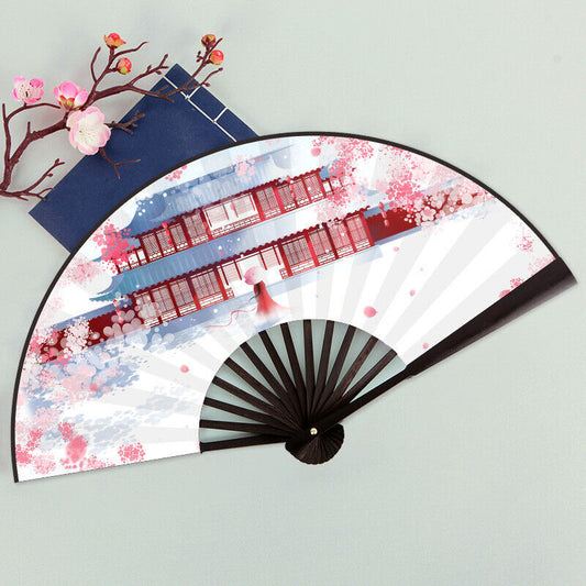 Chinese Snow Beauty Flower Tower with Cherry Blossoms Wooden Hand Fan ccfan213