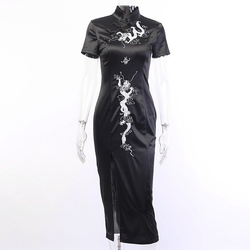 Luxurious Chinese Black Satin Long Dragon Cheongsam Qipao Dress lcdress155