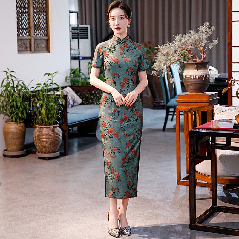 New Luxurious Chinese Spring Green With Red Flowers Long Cheongsam Qipao Dress