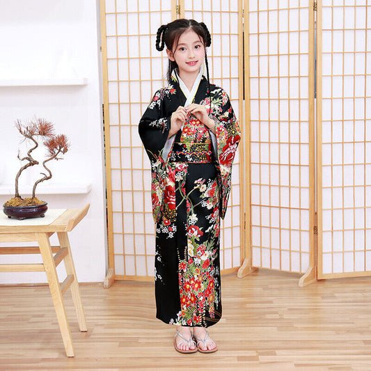 New Japanese Childrens Girls Black with Flower Prints Long Kimono Outfit gjk7