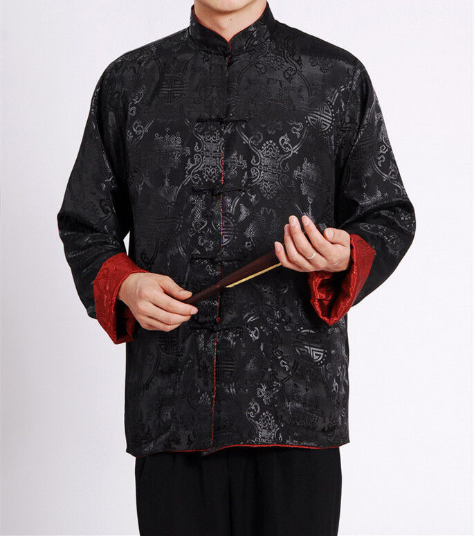 Double Sided Chinese Oriental Mens Kung Fu Satin Dragon Top Long Shirt cmssh