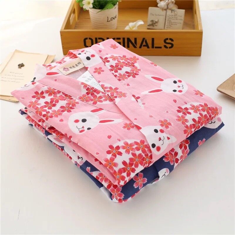 Chinese Japanese Rabbits Cherry Blossom Short Ladies Kimono Pyjamas ladpj175176