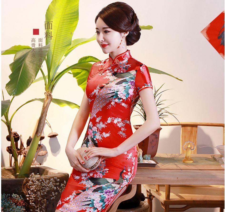 Luxurious China Red Satin Phoenix Chinese Short Dress Cheongsam Qipao lcdress80