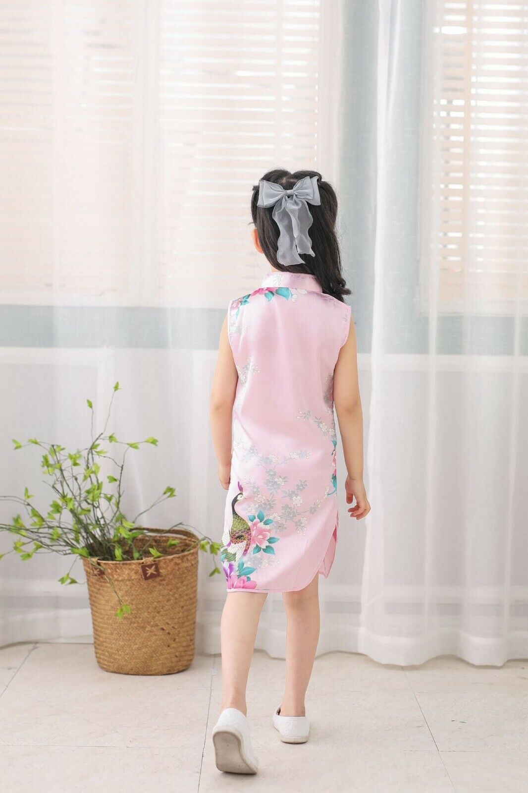 New Chinese Childrens Girls Pink Oriental Peacock Qipao Cheongsam Dress gcd17