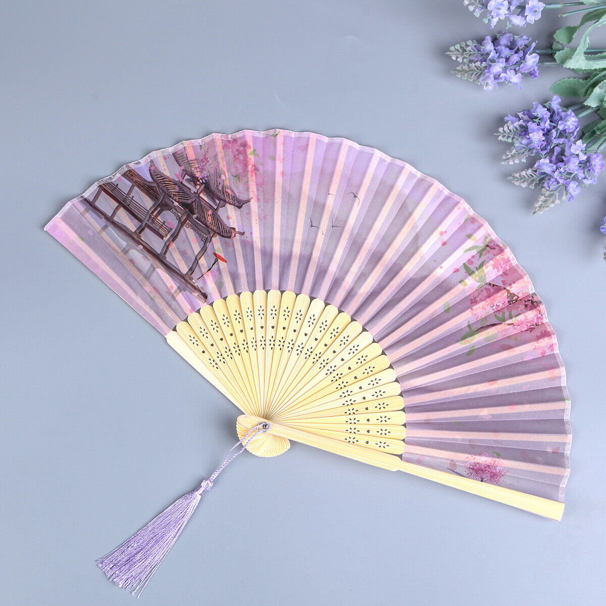 Chinese Mountain Scenery Cherry Blossom Pavilion Pink Wooden Hand Fan ccfan219