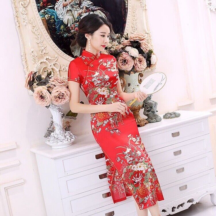 New Luxurious Red Satin Floral Chinese Long Dress Cheongsam Qipao lcdress197