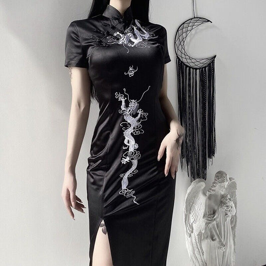 Luxurious Chinese Black Satin Long Dragon Cheongsam Qipao Dress lcdress155