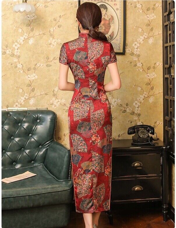 New Luxurious China Red Fan Prints Chinese Asian Long Cheongsam Qipao Dress